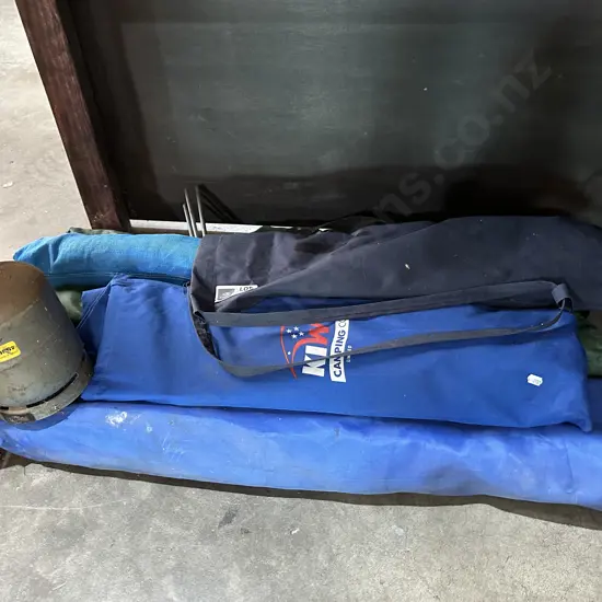 camping beds, chairs and gas bottle