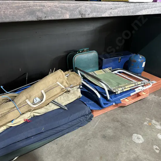 large lot camp table, chairs, stretchers, gas bottle etc