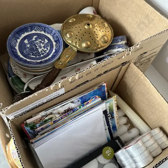 xmas cards, china and copper bed warmer