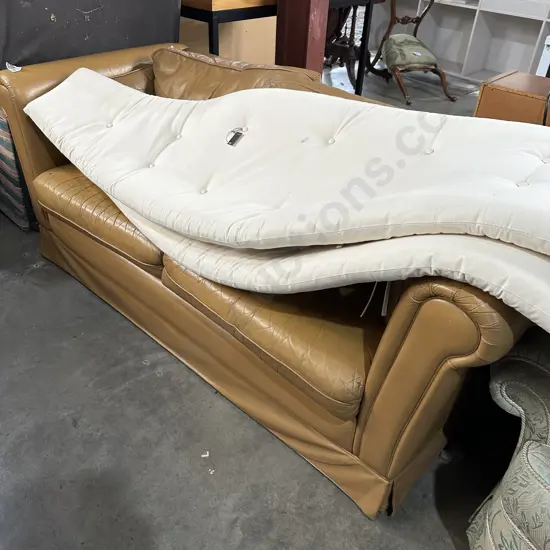 Tan leather sofa plus squabs