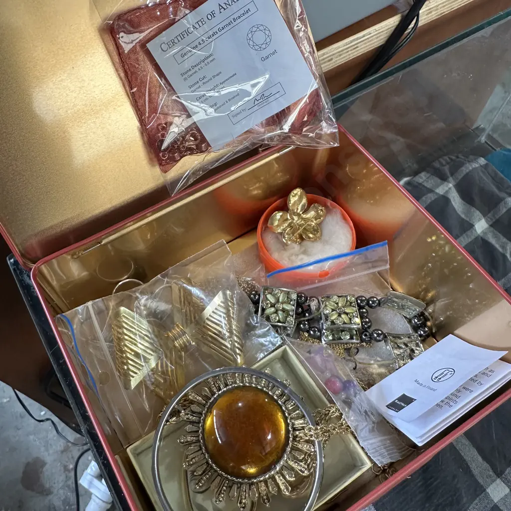 selection of ear studs plus tin of costume jewellery Image 1++