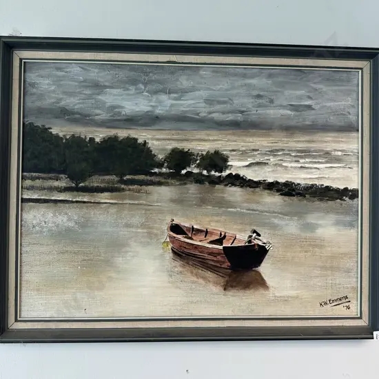 Oil painting "Boat at Manakau harbour" by KW Emmens 76