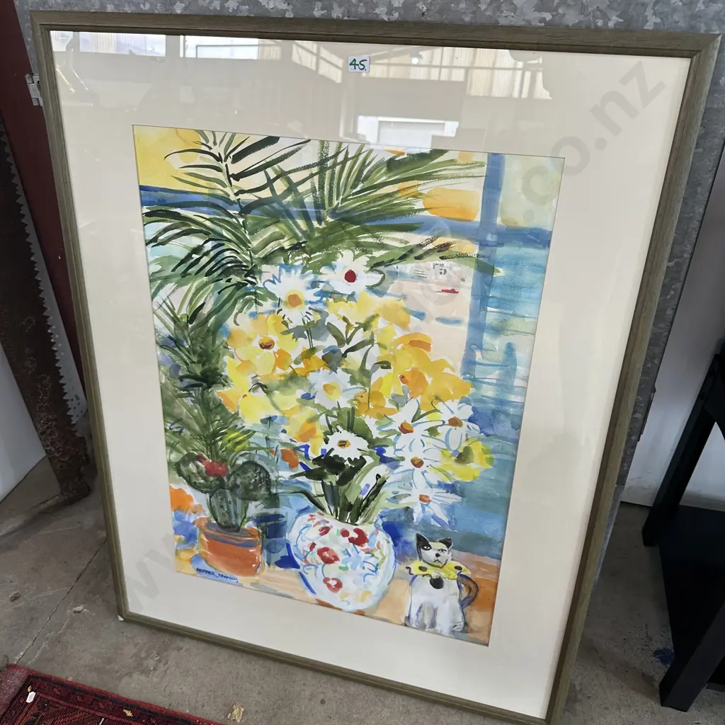 Heather Francis water colour painting 730 x 530 "Mixed flowers & toy dog" Image 1++