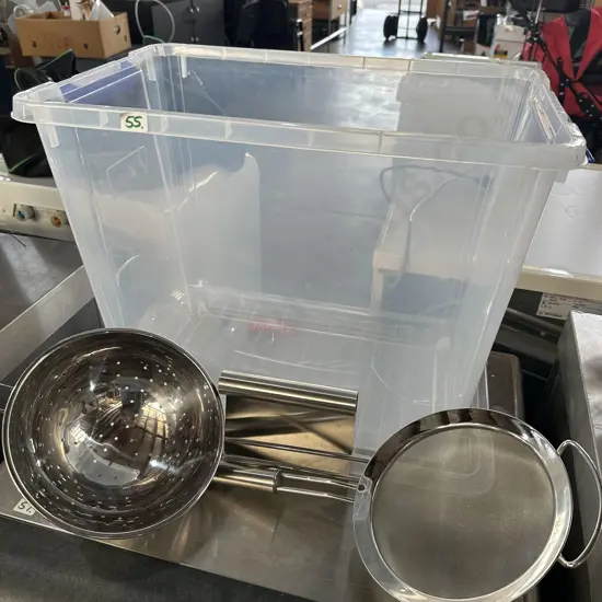 lidded bin and sieve etc