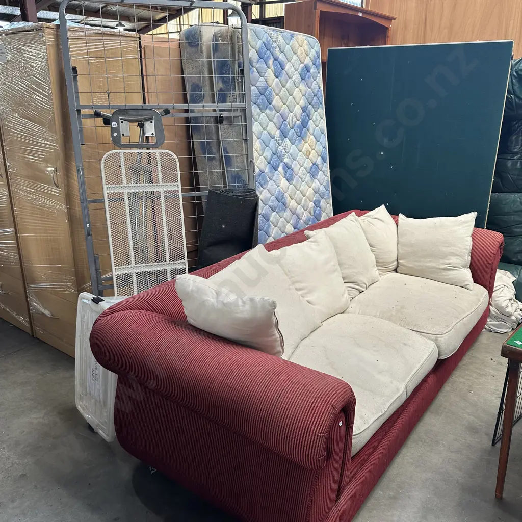 single bed, roll away bed base, iron board, garage carpet offcut, lidded bin, sofa Image 1++
