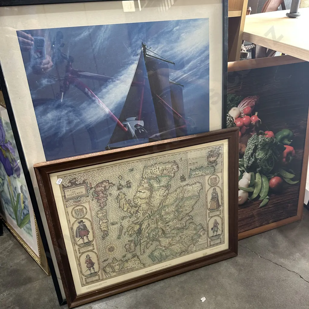 Pr mirrors, paintings and prints plus mat, folding chair and spinning wheel Image 1++