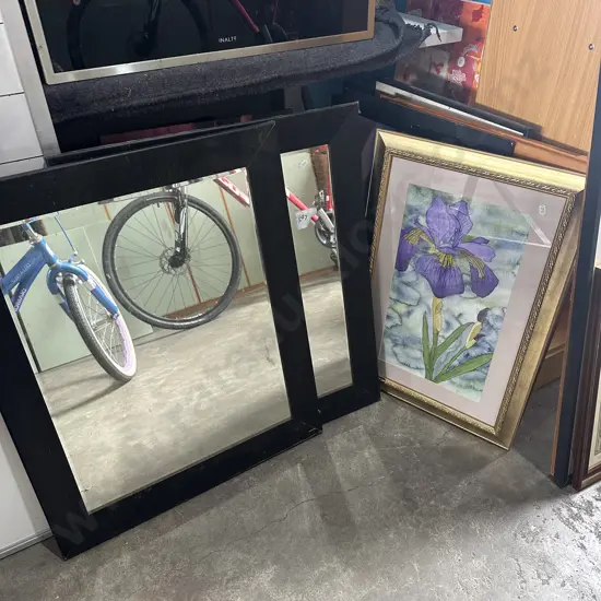 Pr mirrors, paintings and prints plus mat, folding chair and spinning wheel