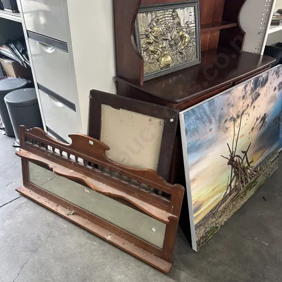 mantle mirror, oak frame, picture and brass art