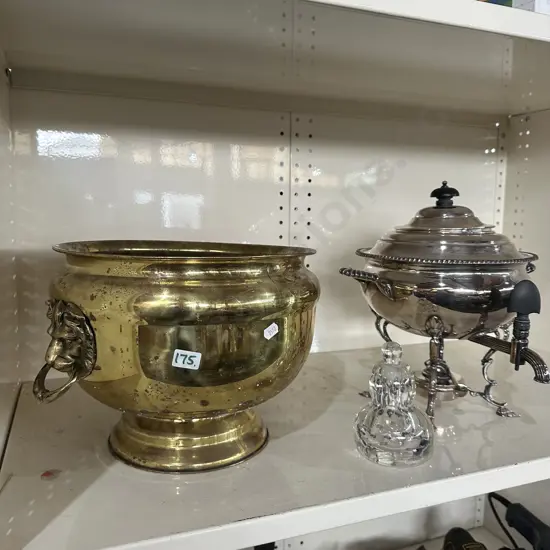 brass bucket, silverware, perfume bottle