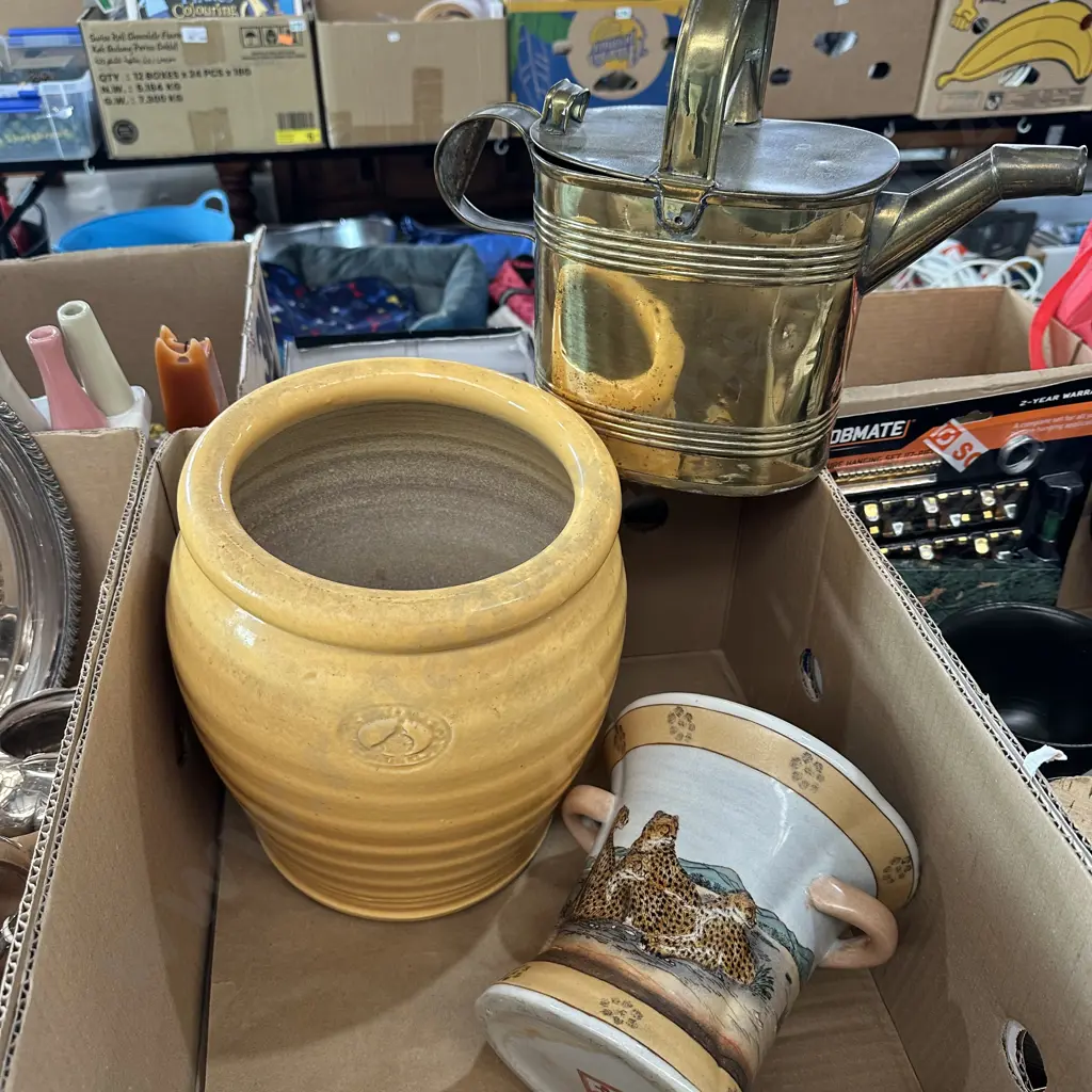 Two planters and brass watering can. Image 1++