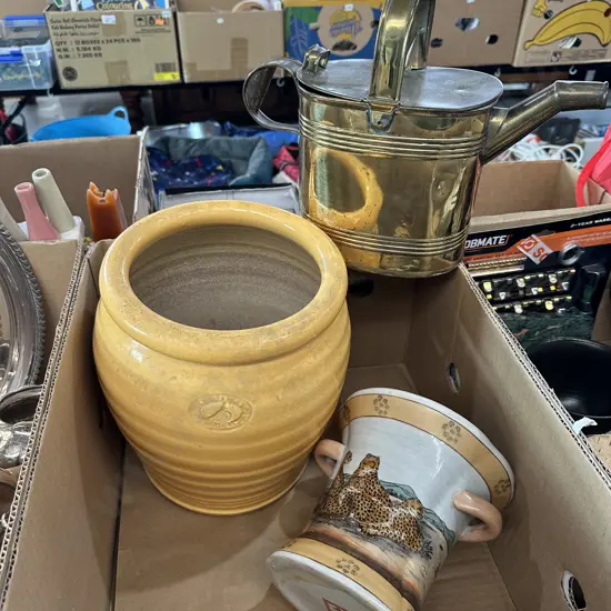 Two planters and brass watering can.