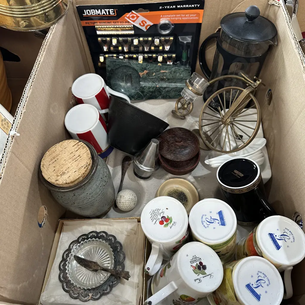 Box lot with pottery canister and picture hanging set etc. Image 1++