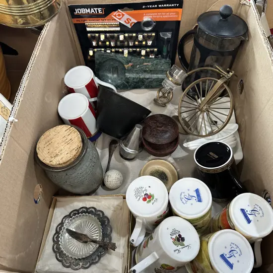 Box lot with pottery canister and picture hanging set etc.