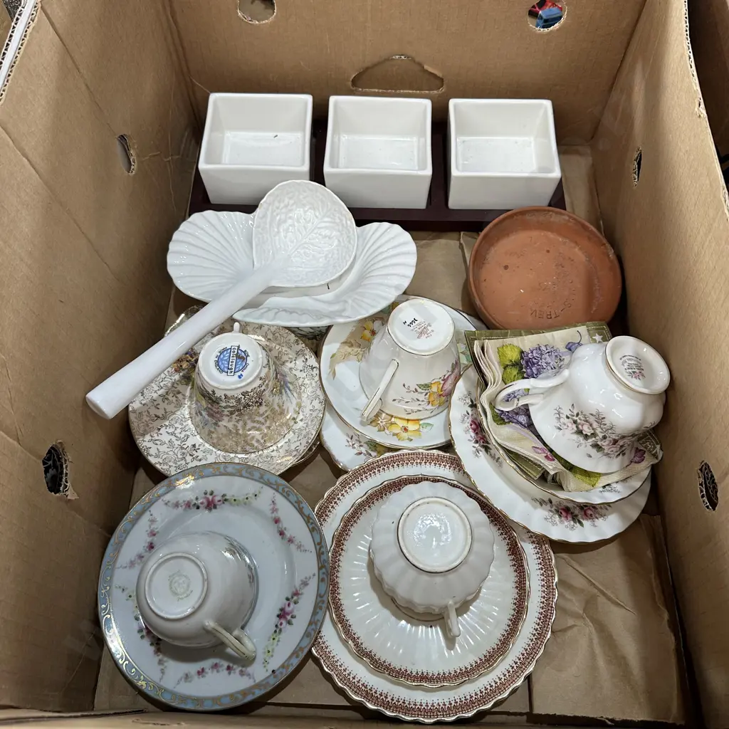 Box lot with English china tea sets etc. Image 1++