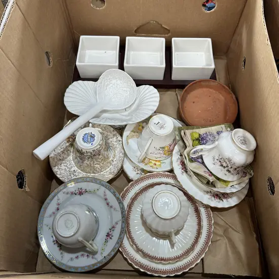 Box lot with English china tea sets etc.