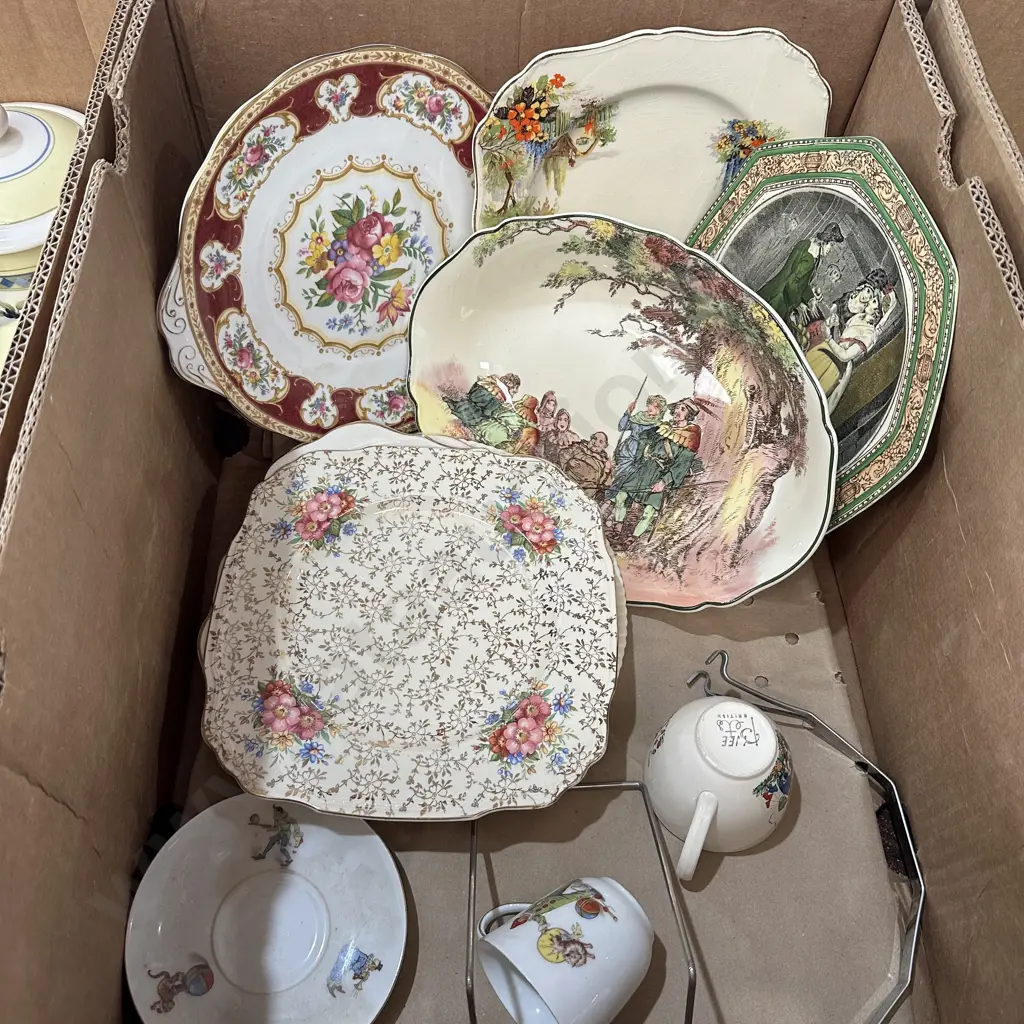 Box lot of china including Royal Albert, J & G Meakin and Royal Doulton etc. Image 1++