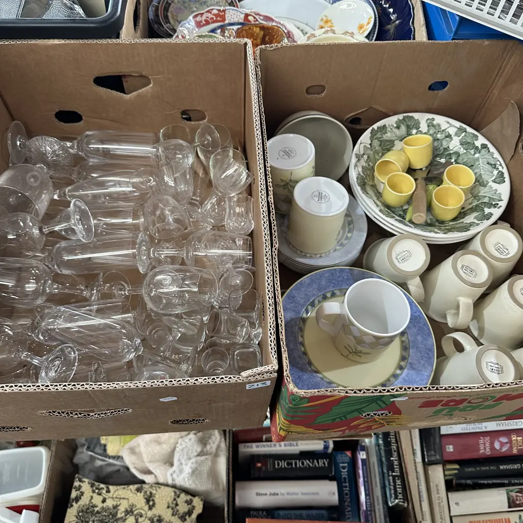 Two boxes of glassware and Royal Doulton Garmina dinnerware, Denby cups etc. Image 1++