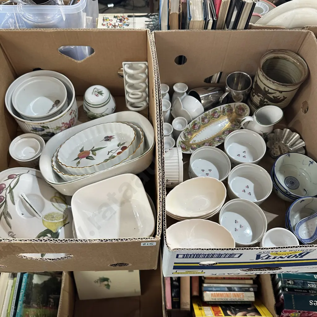Two boxes including Royal Worcester bakeware, pottery jar etc. Image 1++