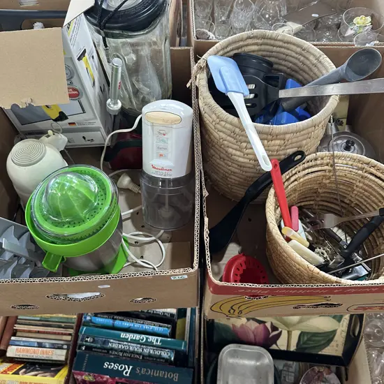 Two boxes blenders, baskets and utensils etc.