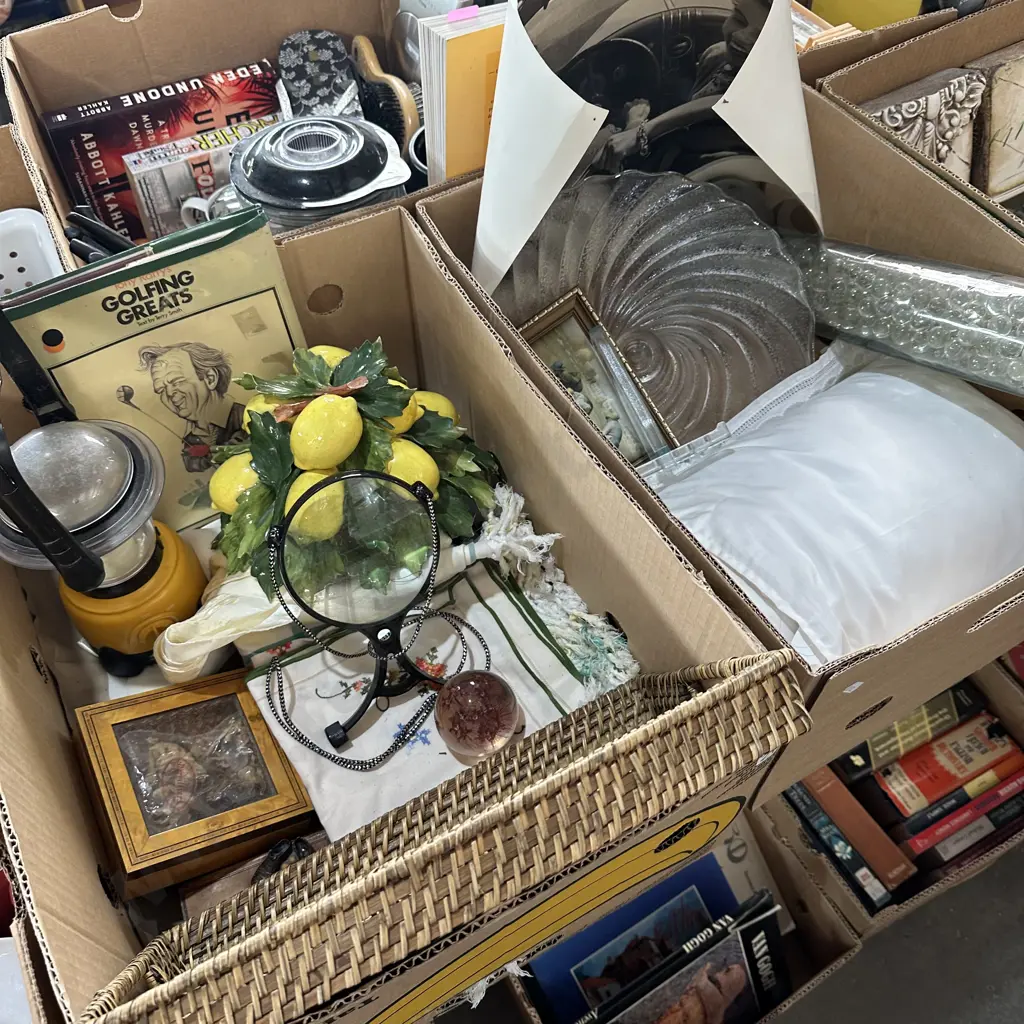 Two boxes with emergency light, cake stand, print, magnifying glass etc. Image 1++