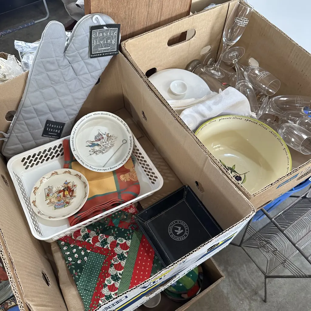 Two boxes with champagne flutes, new oven mitt and bunnykins saucer etc. Image 1++