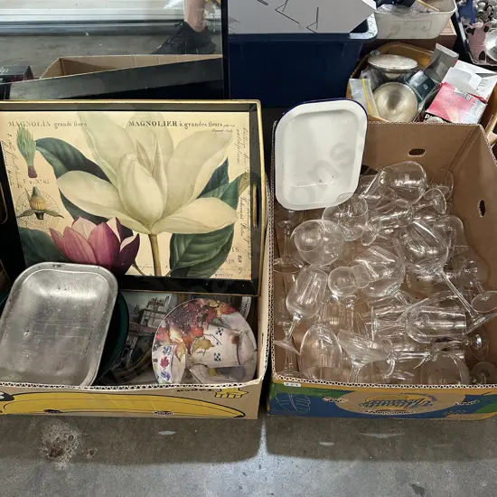 Two boxes glassware, enamelware, trays, mirror and new toilet seat etc.