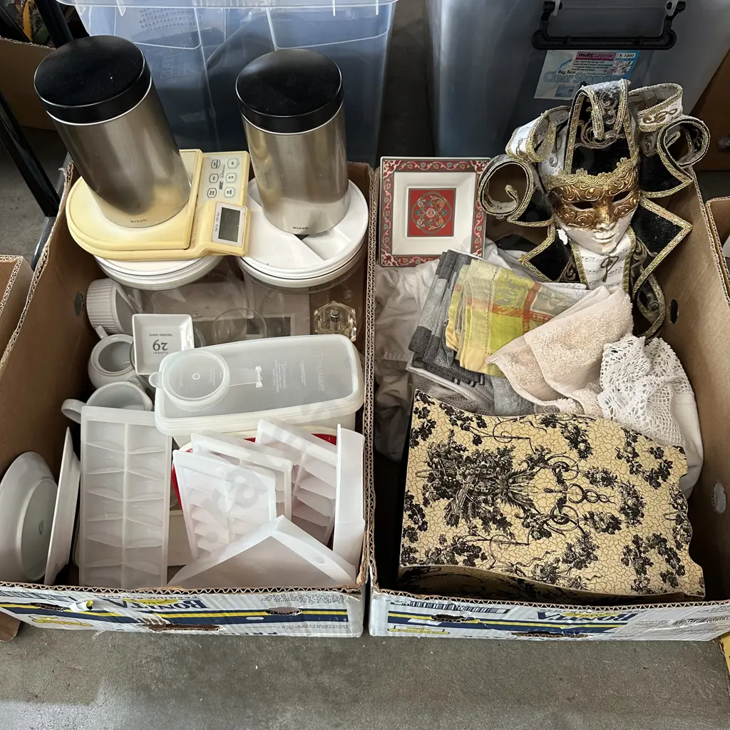 Two boxes Tupperware, towels, canisters etc. Image 1++