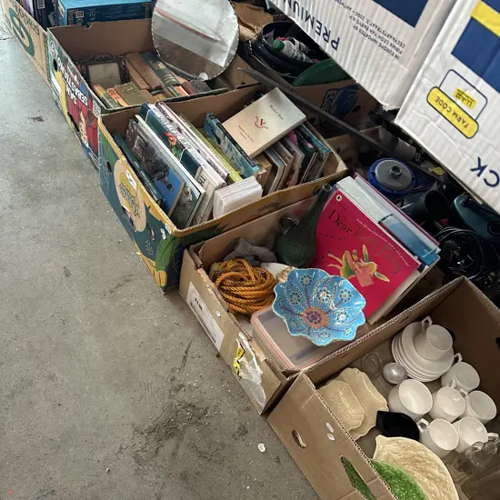Four boxes books, mirror, english made plates etc.