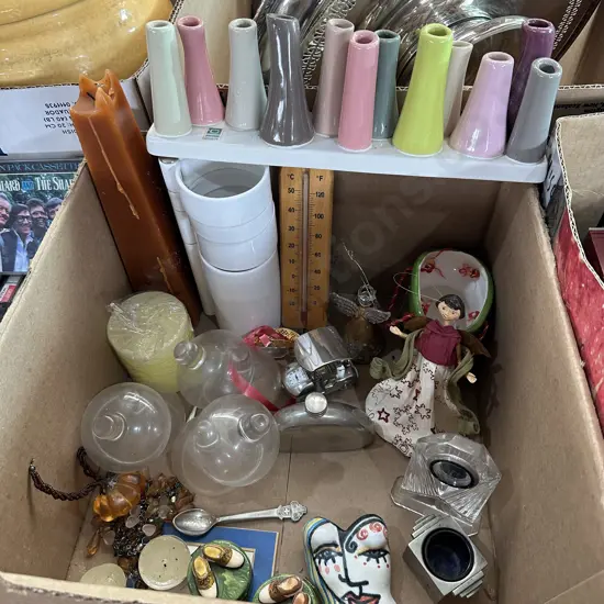 Box lot with flower stand, thermometer and candles etc.