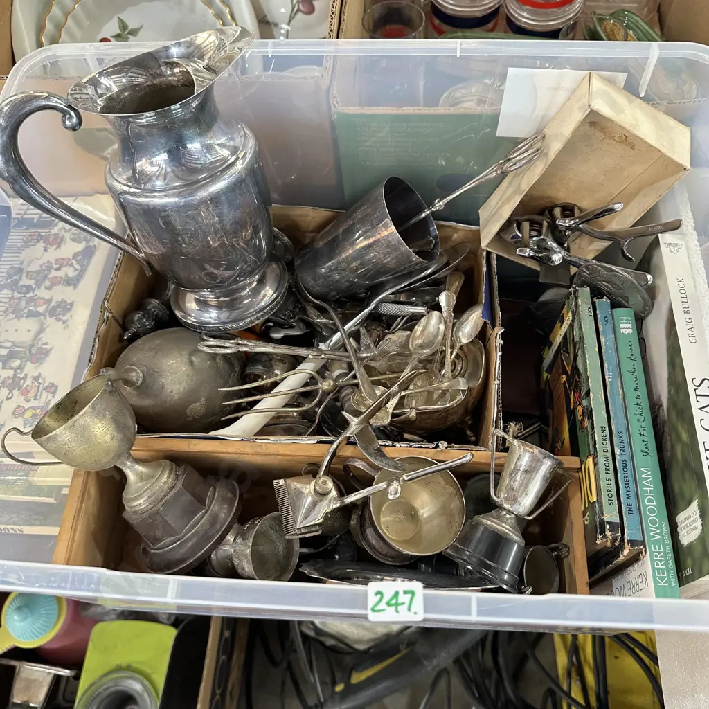 Bin of Silverware, cutlery and books etc. Image 1++