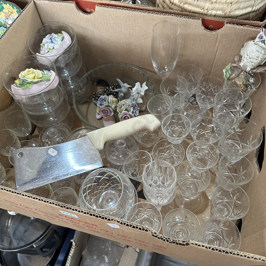 Box lot of glassware, Tramontina meat cleaver etc. Image 1++