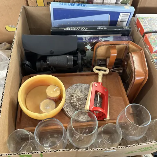 Box of Binoculars, shaving set etc.