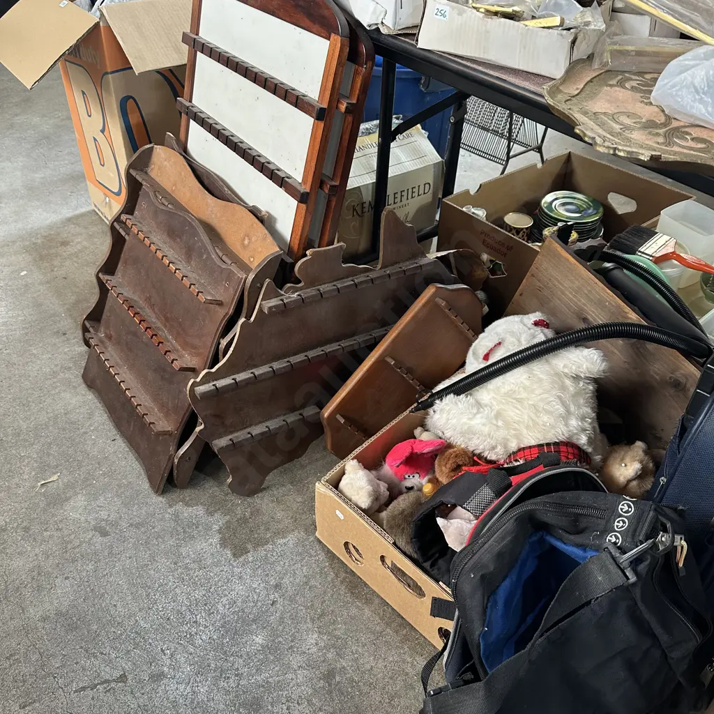 Large spoon collection including multiple wall display boards plus box of soft toys, suitcase and bags. Image 1++