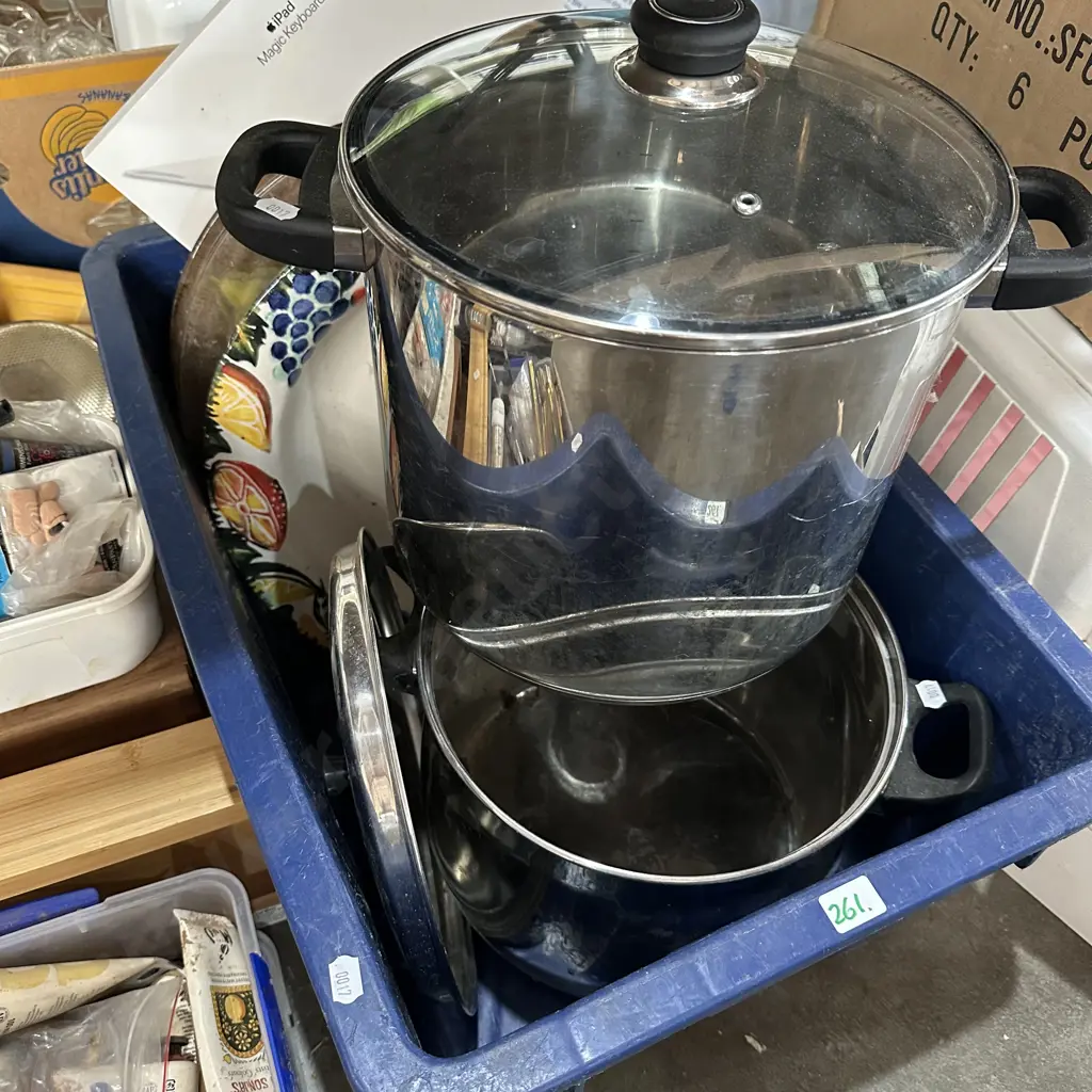 Bin full of lidded stock pots, servers etc. Image 1++