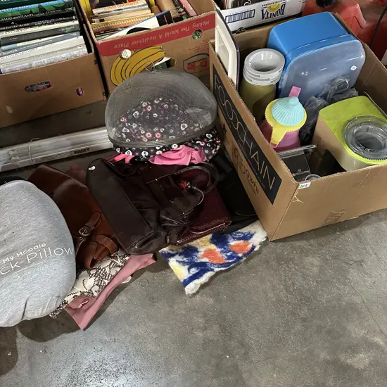 Box lot including pasta maker, food cover, neck pillow, handbags etc.
