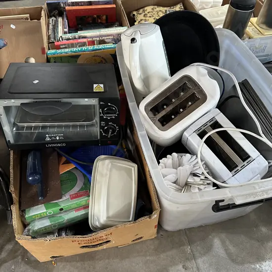 Box of hardware including some new items plus bin of appliances and enamelware bowl etc.