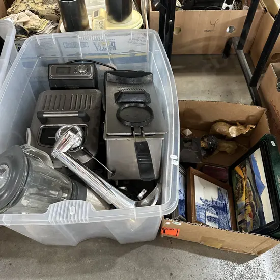 Large bin with deep fryer, blender, milkshake maker plus box of assorted items.