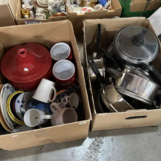 Two boxes pots with lids, crockery and bowl.