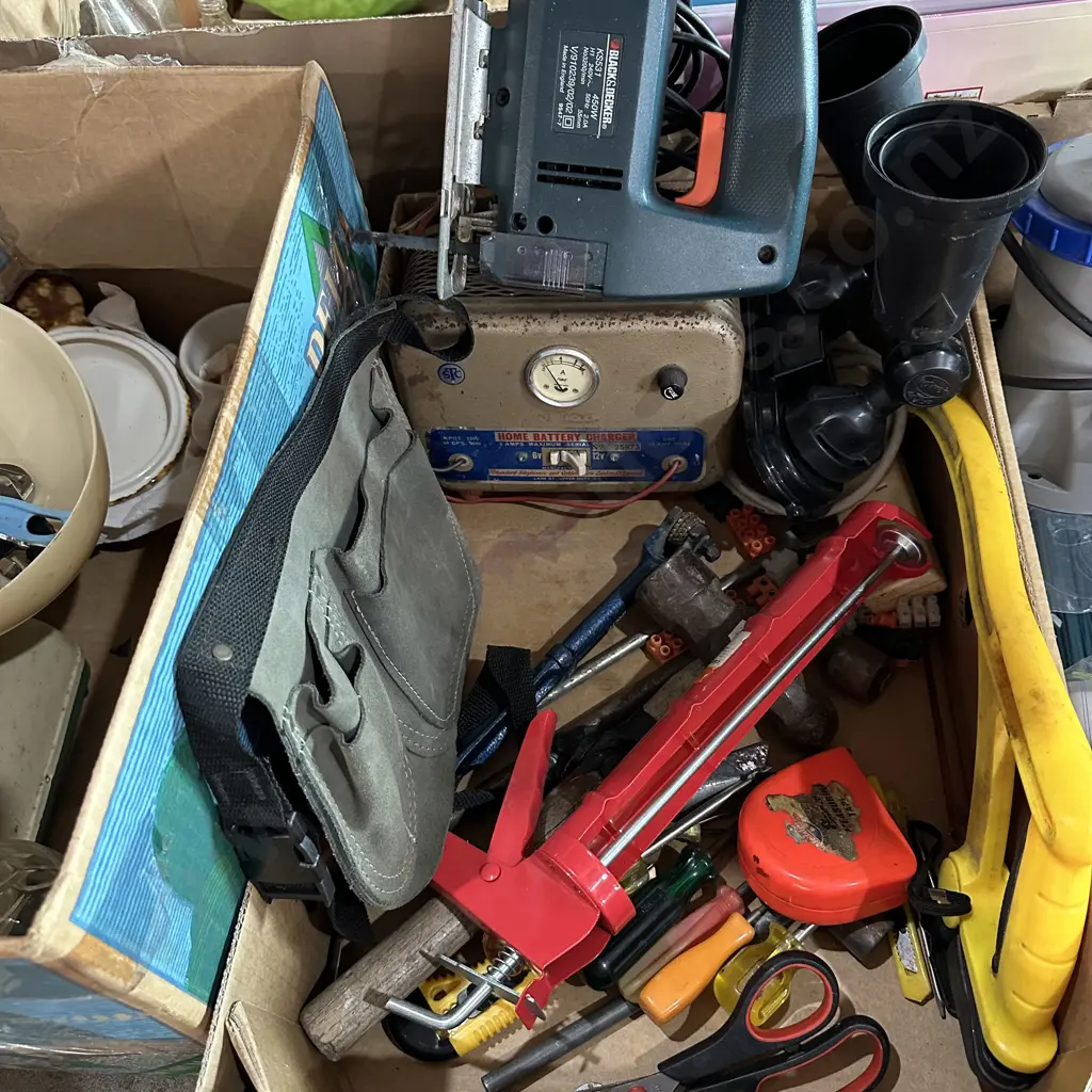 Box lot of tools including jig saw, battery charger, tool belt etc. Image 1++