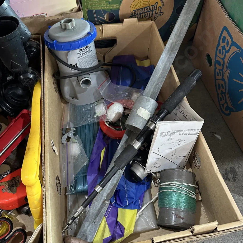 Box lot of fishing items, pool filter pump etc. Image 1++