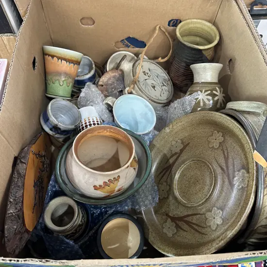 Box lot of assorted pottery pieces etc.