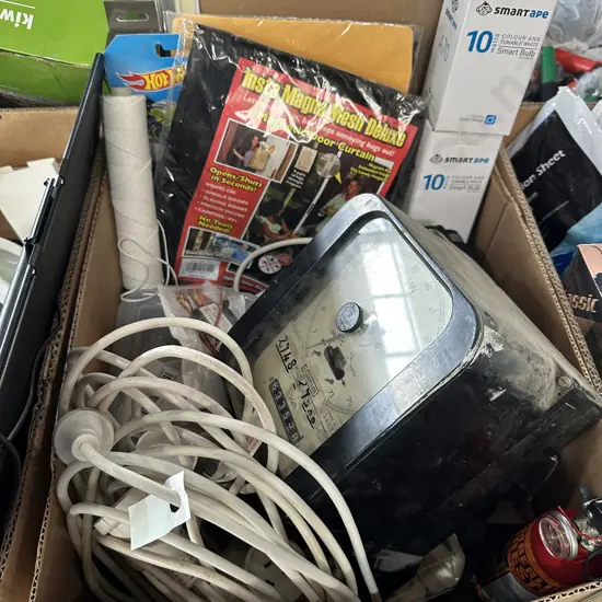 Box lot with new frames and magnetic door curtain, extension leads and three phase KW/H meter etc.