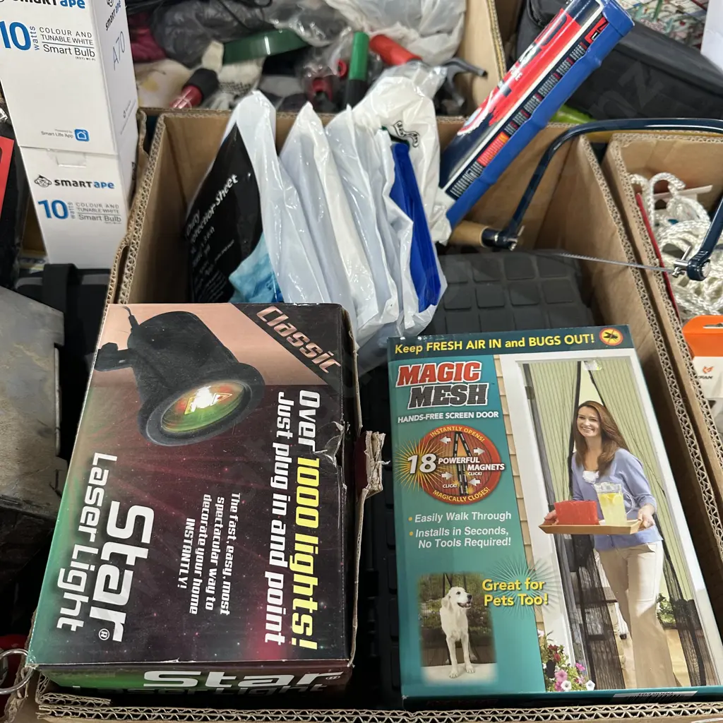 Box lot of new items including toolbox, tools, laser light, magic mesh and plastic protection sheets. Image 1++