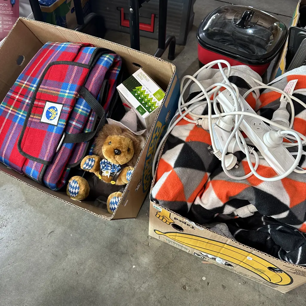 Two boxes picnic rug, blankets, soft toy and extension leads etc. Image 1++