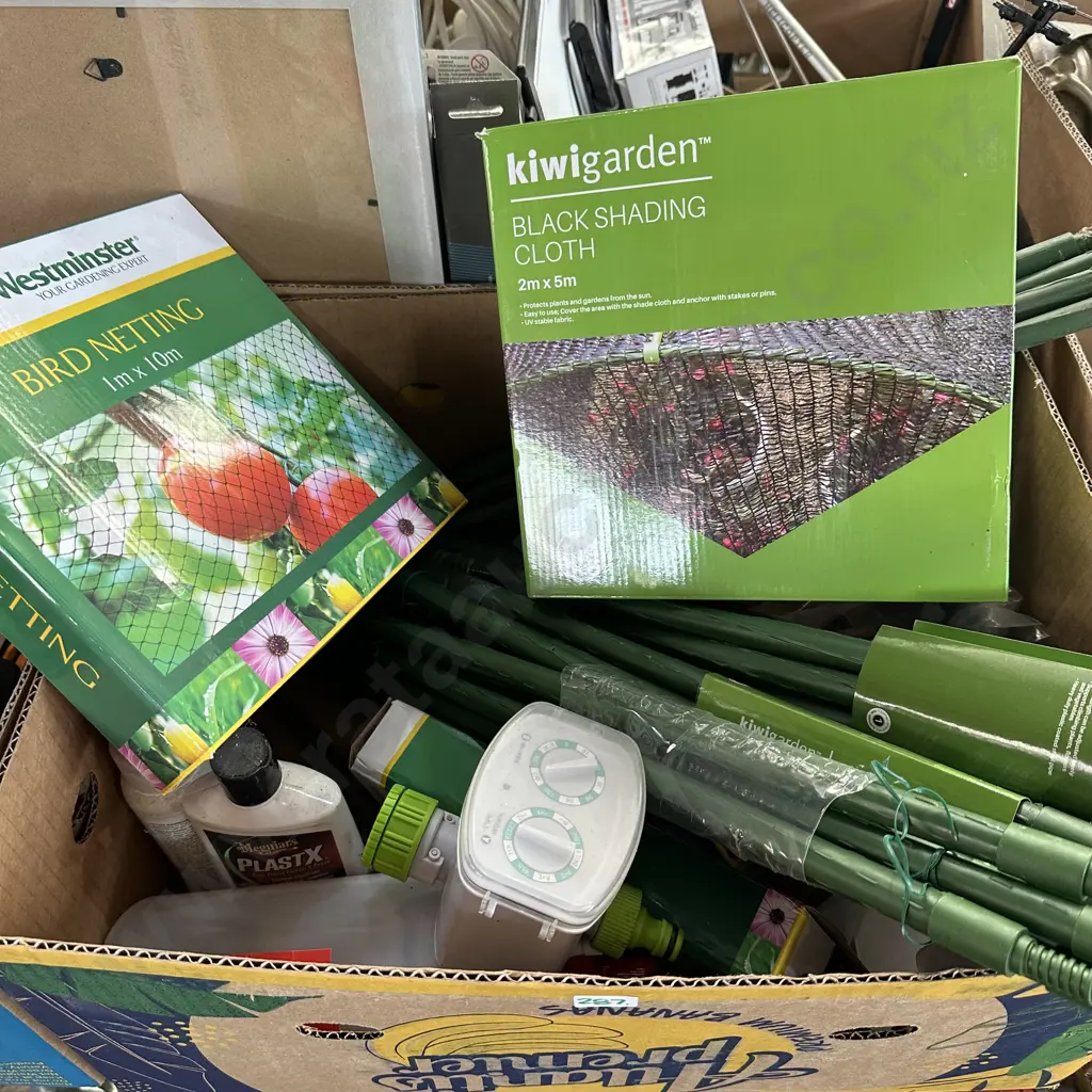 Box of gardening including new bird netting and shading cloth etc. Image 1++