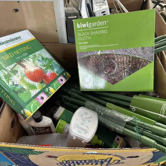Box of gardening including new bird netting and shading cloth etc.