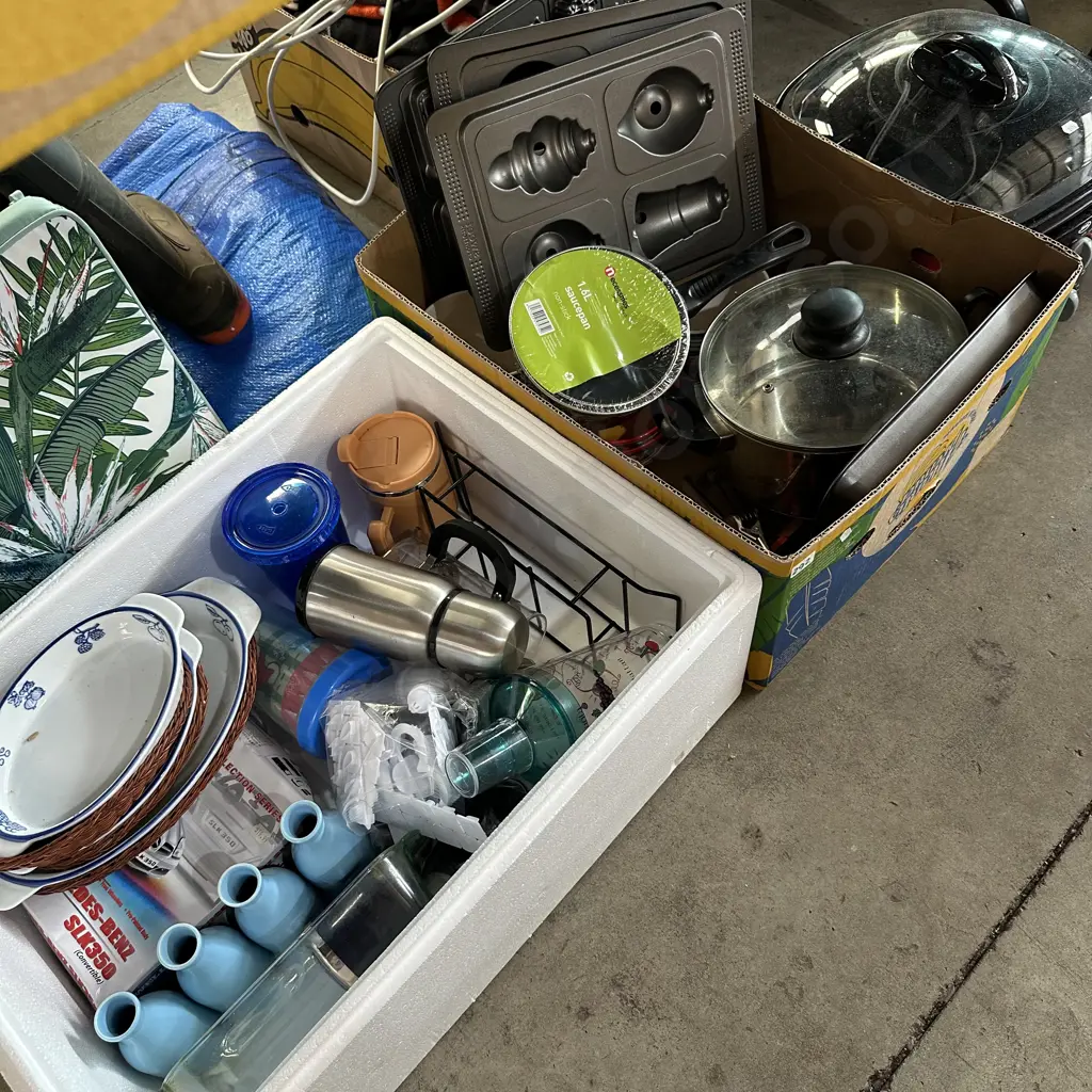 Two boxes kitchenware including a new lidded pot plus a multi cooker etc. Image 1++