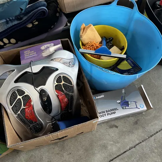 Mini sewing machine, bluetooth speaker, foot pump, basket of cleaning products etc.