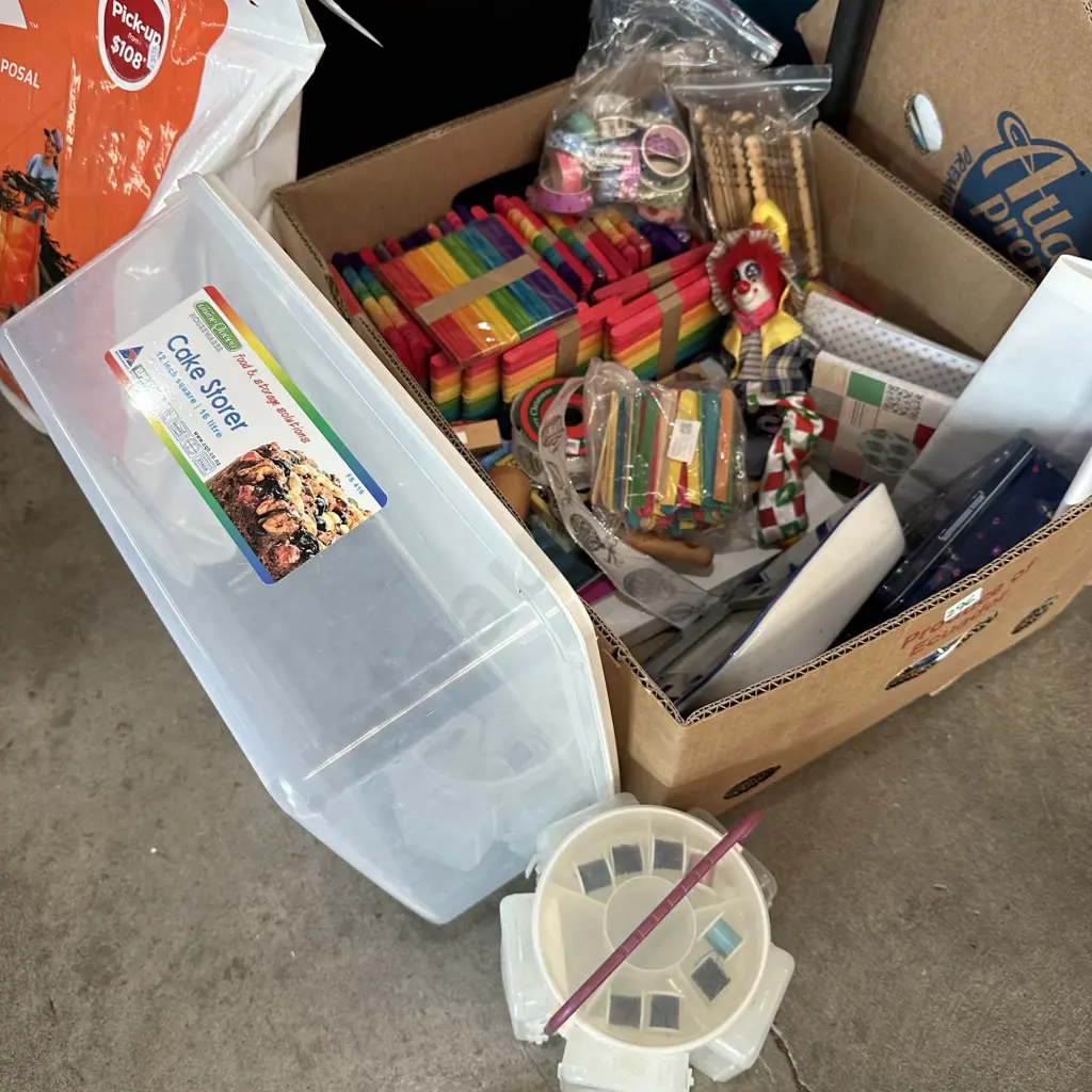 Box of craft items and Cake storer  etc. Image 1++