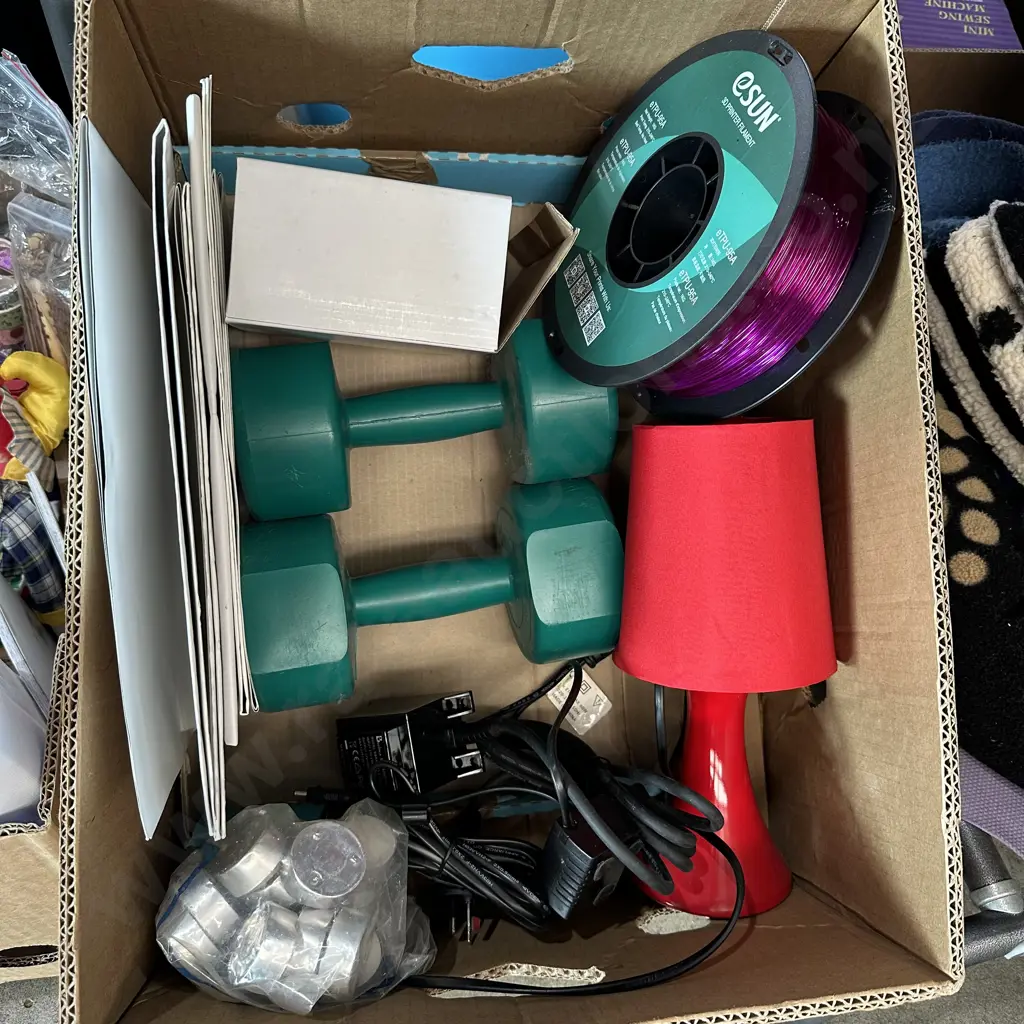Box lot including weights, lamp, 3D printer filament and prints etc. Image 1++